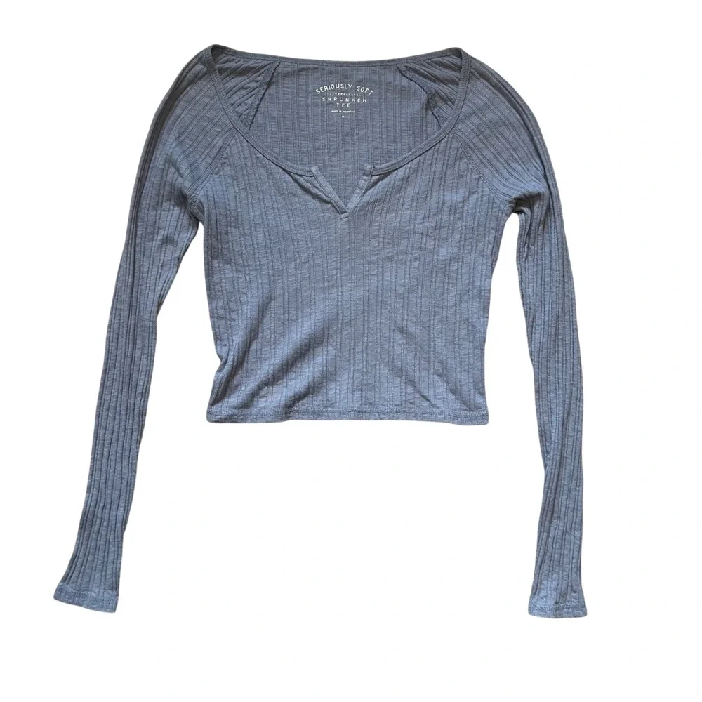 Aeropostale Seriously Soft Ribbed Henley Crop Top Long Sleeve Womens M Blue Slim